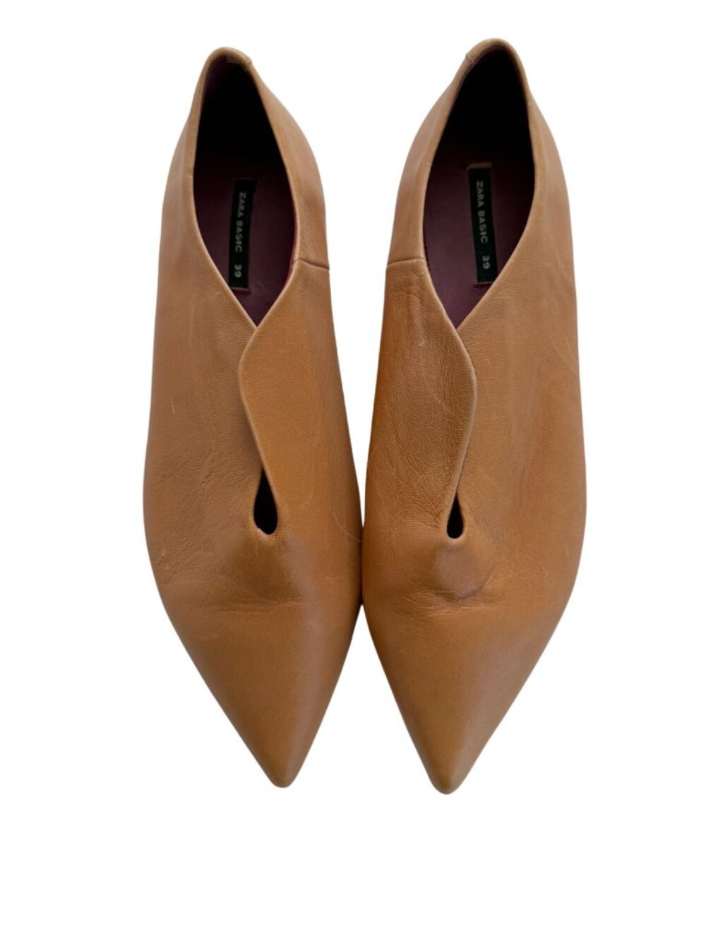 ZARA BASIC Tan Leather Pointed Toe V-Cut Glove Flats Size 39